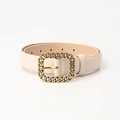 Elegant beige leather belt for women with a vintage golden chain rectangular buckle - Beige