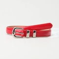 Minimalist candy red patent leather skinny belt with a silver metallic pin buckle for women - Red