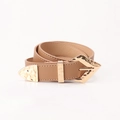 Ceinture fine en cuir kaki pour femme avec boucle dorée martelée et bout métal - Kaki