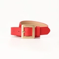 Vibrant red leather waist belt with matte gold square buckle and textured finish - Red