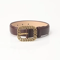 Vintage dark brown leather belt for women featuring a gold chain textured square buckle - Coffee