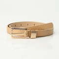 Women's minimalist litchi texture leather belt in light camel with golden wavy buckle - Khaki