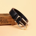 Women's black litchi grain leather belt with gold horseshoe buckle on wooden box - Black