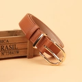 Brown leather belt with golden bamboo buckle featuring lychee grain texture and stitching - Camel