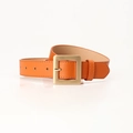 Minimalist orange leather belt for women with matte gold square buckle and fine stitching - Camel