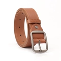 Classic brown leather belt with orange stitching and silver brushed metal buckle - Camel