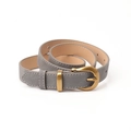 Gray suede leather belt for women with vintage gold oval buckle and white contrast stitching - Dark Gray