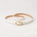White skinny leather belt for women featuring a matte gold oval metal pin buckle - White