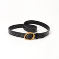 Vintage black leather women's belt with irregular gold metallic oval buckle - Black