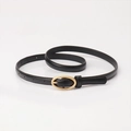 Minimalist black leather skinny belt for women with elegant golden oval buckle - Black