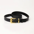 Minimalist black leather belt for women with matte gold pin buckle on white background - Black