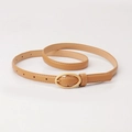 Minimalist camel thin leather belt with a golden oval buckle for women fashion dress - Khaki