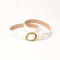 White leather belt for women with irregular matte gold buckle and stitching details - White