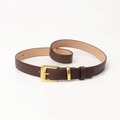 Classic minimalist women's dark brown leather belt with matte gold pin buckle and stitching - Coffee