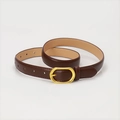Slim dark brown leather belt for women with elegant golden oval buckle and matte finish - Coffee