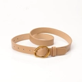 Beige leather waist belt for women with irregular gold oval buckle and contrast stitching - Khaki