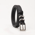 Women's minimalist black leather belt with a polished silver rectangular buckle - Black