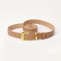 Slim light brown faux leather belt for women with gold buckle and white stitching - Khaki