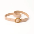 Minimalist beige leather belt for women featuring an oval golden vintage buckle - Apricot