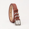 Brown faux leather belt with silver square buckle and contrast orange stitching details - Camel