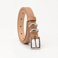 Elegant khaki faux leather belt with silver square buckle and white stitching detail - Khaki