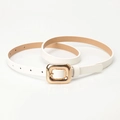 Elegant white women's skinny leather belt with a polished gold square pin buckle - White