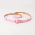 Pink narrow women's leather belt with a matte gold oval buckle and clean stitching - Pink