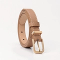 Women's khaki leather belt with gold pin buckle and decorative white stitching detail - Khaki