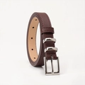 Deep brown minimalist faux leather skinny belt with polished silver square buckle for women - Coffee
