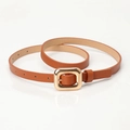 Elegant skinny caramel brown leather belt featuring a polished gold square buckle - Camel