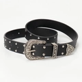 Western style black leather belt with silver floral engraving buckles and metal rivets - Black