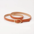 Slim caramel brown leather belt for women with a matte gold oval buckle and fine stitching - Camel