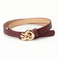 Women's slim burgundy leather belt with elegant golden knot-shaped buckle design - 103CM / Coffee