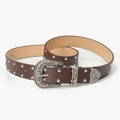 Dark brown leather belt with vintage western carvings and silver rivet details - Coffee