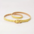 Slim yellow leather belt for women with golden oval buckle for elegant dress styling - Light Yellow
