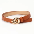 Fashionable brown leather skinny belt for women with unique golden interlocking knot buckle - 103CM / Camel