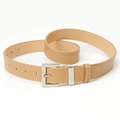 Minimalist khaki leather belt for women featuring white contrast stitching and silver buckle - Khaki