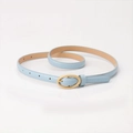 Slim light blue leather belt for women featuring a matte gold oval buckle for chic dresses - Sky Blue