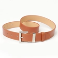 Classic caramel brown leather belt for women featuring contrast stitching and silver buckle - Camel