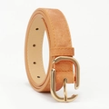 Modieuze gembergele PU-leren riem met denim textuur en gouden hoefijzer gesp - camel