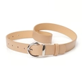 Minimalist beige faux leather belt for women with a round silver polished metal buckle - Khaki