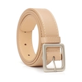 Minimalist beige leather belt for women featuring a matte silver square buckle closure - Khaki