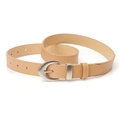 Women's beige PU leather belt with silver buckle and fine white stitching detail - Khaki