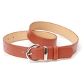 Women's minimalist caramel brown faux leather belt with a silver D-shaped metal buckle - Camel