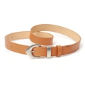 Classic brown PU leather belt for women featuring a matte silver needle buckle and stitching - Camel