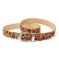 Chic leopard print faux leather belt for women with elegant silver crescent buckle - Leopard Camel
