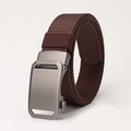 Brown nylon tactical belt with a brushed dark grey metal automatic slide buckle - Coffee
