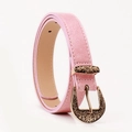 Women's light pink faux leather belt with vintage floral engraved bronze buckle - Carmine Pink