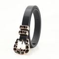 Chic black slim leather belt for women featuring a golden oval leopard buckle and dual loops - Black