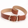 Women's brown PU leather belt with oval gold buckle and fine stitching details - Camel